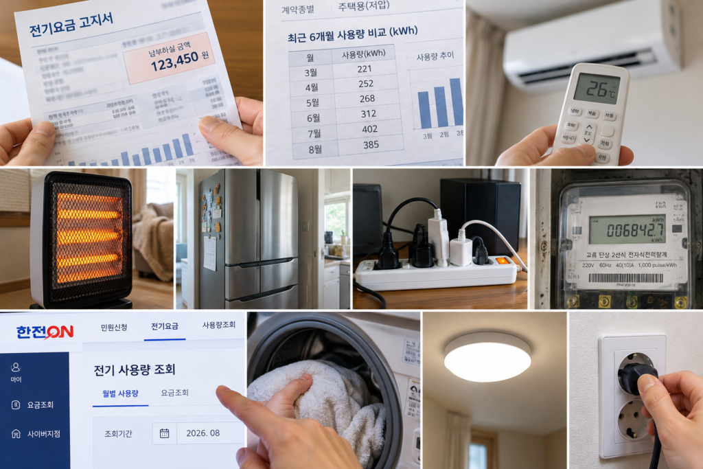 전기요금 갑자기 많이 나왔을 때 확인해야 할 전기요금 고지서, 월별 사용량, 냉난방기와 가전제품, 전기계량기 점검 모습