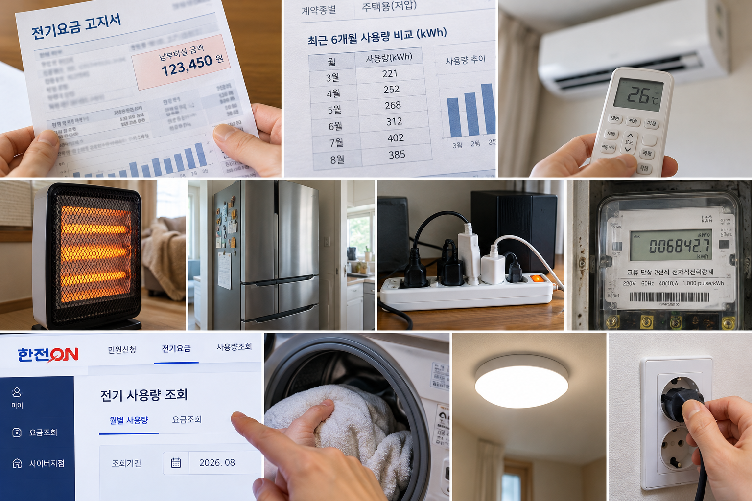 전기요금 갑자기 많이 나왔을 때 확인해야 할 전기요금 고지서, 월별 사용량, 냉난방기와 가전제품, 전기계량기 점검 모습