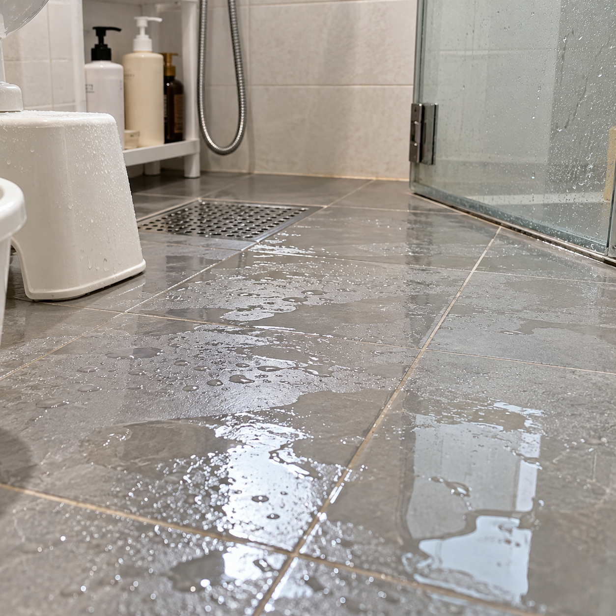 화장실 바닥 물이 잘 안 마를 때, 샤워 후 욕실 타일 바닥에 물기가 고여 있고 배수구 주변이 젖어 있는 모습